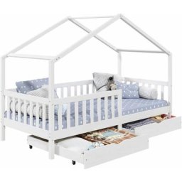 Lit cabane elea lit enfant simple 90 x 200 cm, avec 2 tiroirs de rangement, en pin massif lasuré