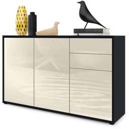 Vladon Commode Armoire Dressoir Crédence Ben V3 Noir mat - haute brillance - Façades en Crème haute