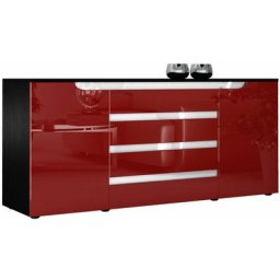 Buffet Commode Dressoir Crédence Sylt en Noir - haute brillance & tons naturels - Bordeaux haute