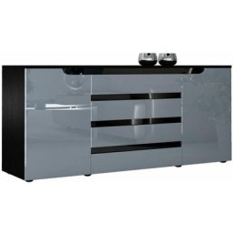 Buffet Commode Dressoir Crédence Sylt en Noir - haute brillance & tons naturels - Gris haute