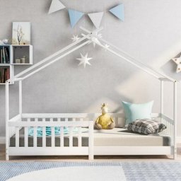 Lit cabane enfant 90 x 200 cm - cadre de lit en pin massif, avec sommier à lattes et toit, avec