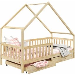 Lit cabane ALVA lit enfant simple asymétrique en bois 90 x 200 cm, avec rangement 2 tiroirs, en pin