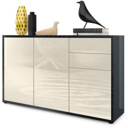 Commode Armoire Dressoir Crédence Ben V3 Noir mat - haute brillance - Façades en Crème haute