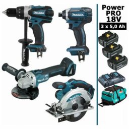 Makita - Pack Power pro 18V: Perceuse 91Nm DDF458 + Meuleuse 125mm DGA504 + Visseuse à chocs 165Nm