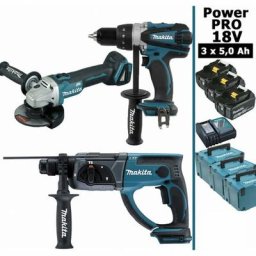 Makita - Pack Power pro 18V: Perceuse 91Nm DDF458 + Perfo 2J DHR202 + Meuleuse 125mm DGA504 + 3