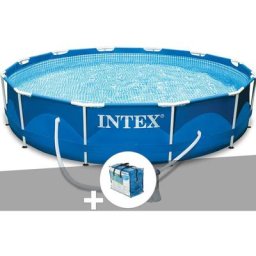 Intex - Kit piscine tubulaire Metal Frame ronde 3,66 x 0,76 m + Bâche à bulles - Bleu