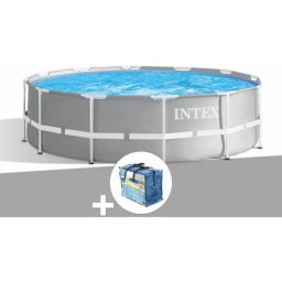 Intex - Kit piscine tubulaire Prism Frame ronde 3,66 x 1,22 m + Bâche à bulles - Gris