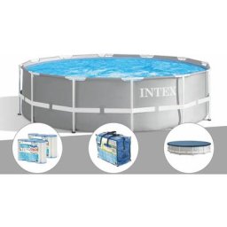 Intex - Kit piscine tubulaire Prism Frame ronde 3,66 x 1,22 m + Bâche à bulles + 6 cartouches de