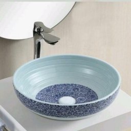 Vasque pour salle de bain Ronde - Céramique Blanc et Bleu - 41 cm - Vintage