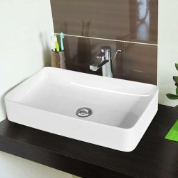 Vasque à Poser Salle de Bain en Porcelaine Blanche/Lavabo rectangulaire 60 x 35 cm avec Vidange