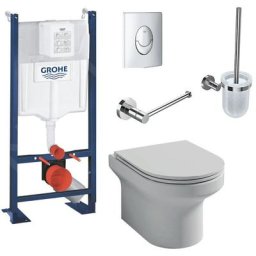 Wc suspendu sans bride Jacob Delafon Elite + bâti-support grohe + abattant + accessoires,