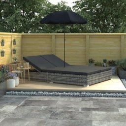 Chaise longue de jardin | Bain de soleil Transat avec parasol Résine tressée Gris 83908 - Gris