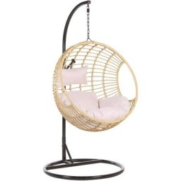 Fauteuil Balancelle Suspendu en Forme d'Oeuf en Rotin Beige avec Support en Acier Noir Idéal pour