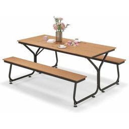 Ensemble Table et Bancs de Pique-Nique avec Cadre Métal, Ensemble de Jardin Imperméable pour 8