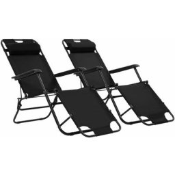 Lot de 2 Chaises longues pliables | Bain de soleil Transat avec repose-pied Acier Noir