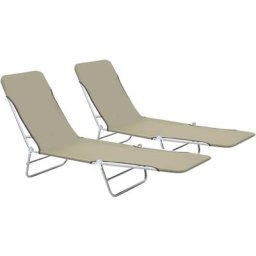 Lot de 2 Chaises longues pliables - Transat Bain de soleil Acier et tissu Taupe