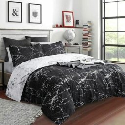 Housse de Couette 220x240cm + 2 x Taies d'oreiller 50x75cm - Marbre Noir et Blanc Réversible Parure