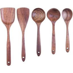 BSR - Batterie de cuisine en bois 5 pièces, cuillères en bois pour cuisiner, batterie de cuisine