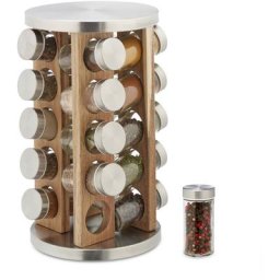 Relaxdays - Tourniquet à épices avec 20 pots en verre, rotatif 360°, acier inox, bois, hd 34 x 19,5