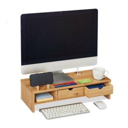 Support d'écran pc en bambou, 2 tiroirs, casier rangement, rehausseur d'ordinateur, hlp 13x54x23
