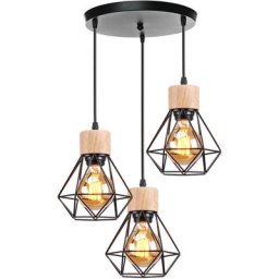 Axhup - Rétro Lustre Suspension Cage Diamant Fer Luminaire 3 Lumières Design en Bois Noir