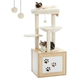 Arbre à Chat xxl 110cm en Bois Bac à Litière, Arbre à Chat Grand Hamac Suspendu Maine Coon, Beige