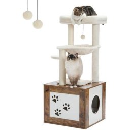 Arbre à Chat xxl 110cm en Bois Bac à Litière, Arbre à Chat Grand Hamac Suspendu Maine Coon, Marron