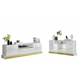 Ensemble de salon Merced 108, Blanc + Blanc brillant + Or, Pièces individuelles, Avec table de tv,