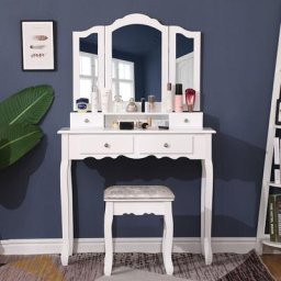 Coiffeuse Blanche Table de Maquillage avec 3 Miroirs Pliables + 4 Tiroirs + 1 Tabouret Rembourré