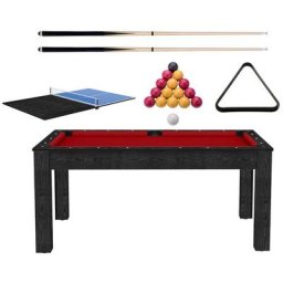 Ensemble billard convertible table à manger 6 personnes et accessoiresTexas - Noir boisé et rouge