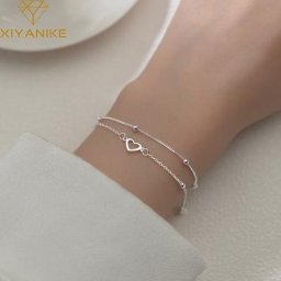XIYANIKE – Bracelet Double cœur ajouré pour femme couleur argent perles rondes mode bijoux