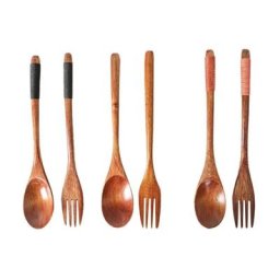 Cuillère en bois naturel fourchette Kit de dîner soupe de riz ustensiles céréales vaisselle de