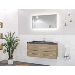Damo décor chêne avec simple vasque en granit India Black 100cm & miroir à LED