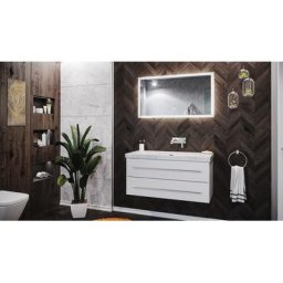 Damo avec vasque en marbre Carrara White 100cm sans pré-perçage & miroir à LED