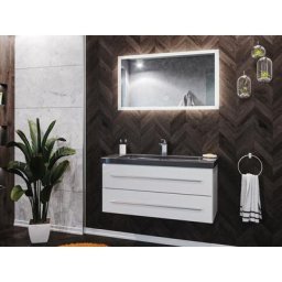 Damo en blanc avec simple vasque en granit India Black 100cm & miroir à LED
