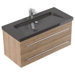 Meuble SDB Damo en décor chêne avec simple vasque en granit India Black 100cm