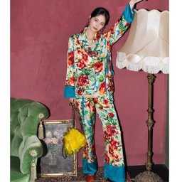 Ensemble pyjama 2 pièces en satin imbibé pour femme vêtements de nuit à lacets col rabattu