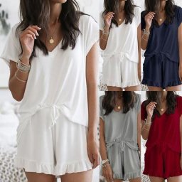 ensemble femme 2 pièces Femme Ensemble de Pyjamas pour Femme Deux Pièces À Volants Couleur Unie