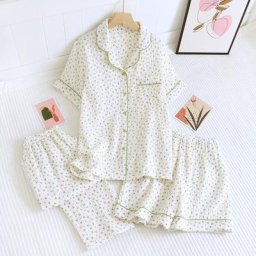 Pyjama en crêpe de coton trois pièces manches courtes + shorts + pantalons grande taille simple