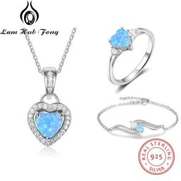 Ensemble de bijoux de luxe pour femmes collier en argent Sterling 925 coeur bleu opale bagues