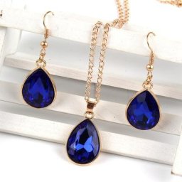 Collier et boucles d'oreilles pendentif goutte d'eau en or rose bijoux fantaisie bleu 1 ensemble