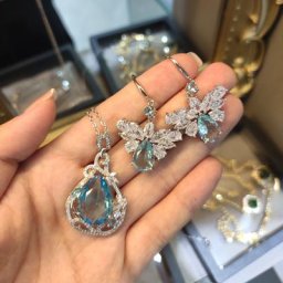 Ensemble de Bijoux de Luxe en Argent et Clip Bleu pour Femme Pendentif Aigue-Marine Colliers