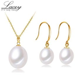 Ensembles de bijoux en or véritable 18 carats pour femmes pendentif en perle naturelle boucles