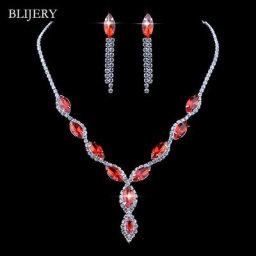 BLIJERY-Parure de bijoux en biscuits pour femme collier et boucles d'oreilles en cristal rouge
