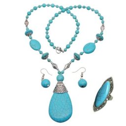 Ensemble de bijoux rétro en Turquoise 3 pièces colliers boucles d'oreilles bagues Vintage