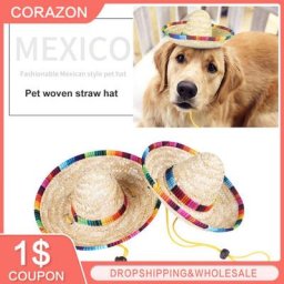 Chapeau de soleil tissé en paille pour animaux de compagnie casquette réglable costume mignon