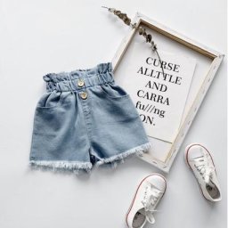 Short en Denim pour petite fille taille haute effiloché ourlet brut avec poche bouton