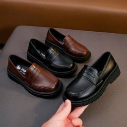 Chaussures en cuir de style britannique pour enfants mocassins à enfiler noir décontracté