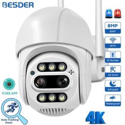 Caméra de surveillance extérieure PTZ IP WiFi 8MP/4K dispositif de sécurité sans fil avec Zoom