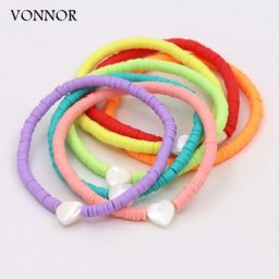 Bracelets en Forme de Coquillage et de Cœur pour Femme Bijoux Boho Perles d'Argile Colorées